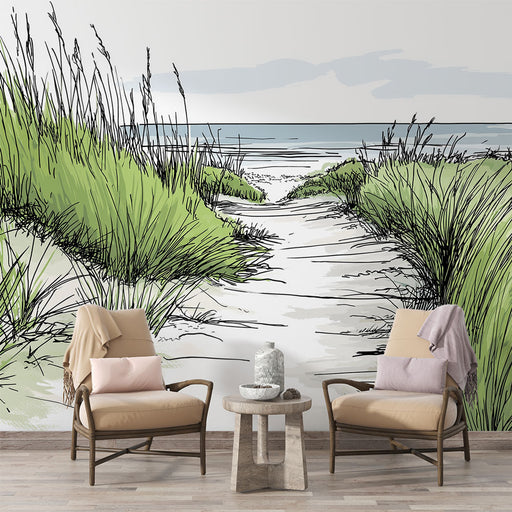 Une pièce lumineuse avec un papier peint illustrant un chemin de sable bordé de grandes herbes vertes, évoquant une ambiance sereine et naturelle.