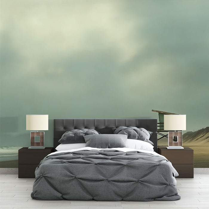 Une chambre moderne avec un papier peint aux nuances douces de vert et beige, créant une atmosphère apaisante et rêveuse.