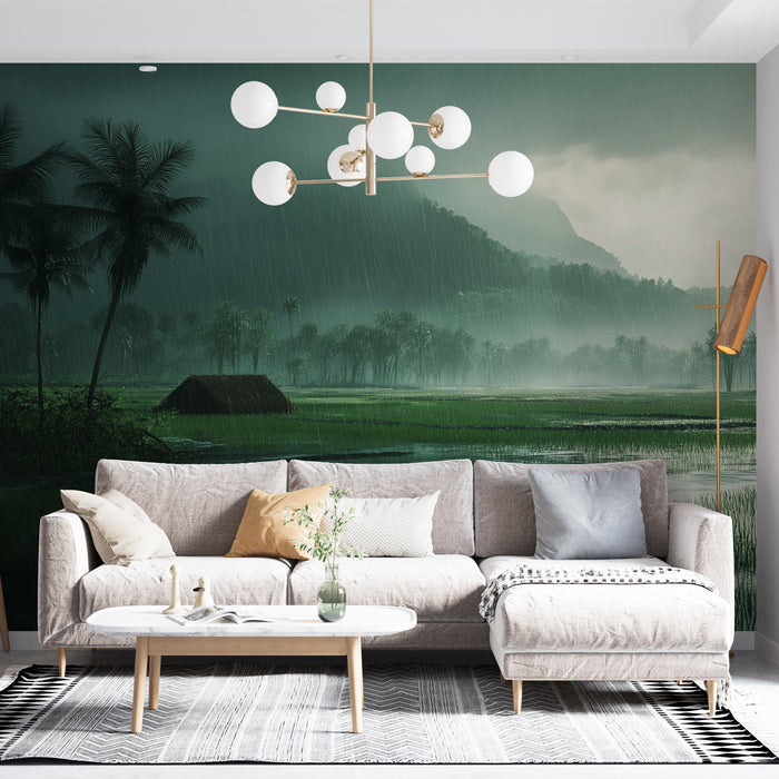 Papier peint paysage tropical avec rizières sous la pluie pour salon moderne