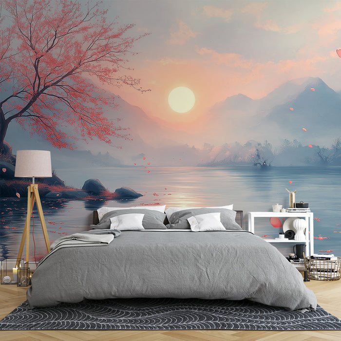 Une chambre apaisante avec un papier peint représentant un paysage serein au coucher de soleil, avec des cerisiers en fleurs et un reflet sur l'eau.