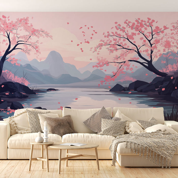 Un salon lumineux avec un papier peint représentant un paysage serein de montagnes et de cerisiers en fleurs, évoquant une atmosphère apaisante et romantique.