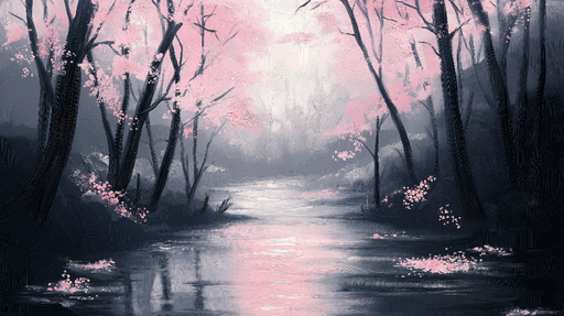 Papier peint paysage de rivière Rivière calme entourée d'arbres en fleurs roses