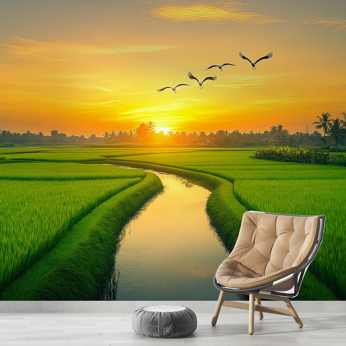 Papier peint paysage rizière avec coucher de soleil et oiseaux pour salon zen