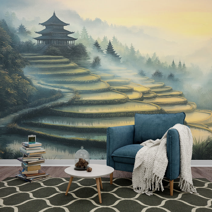 Papier peint paysage de rizières en terrasses au lever du soleil pour salon zen et apaisant.
