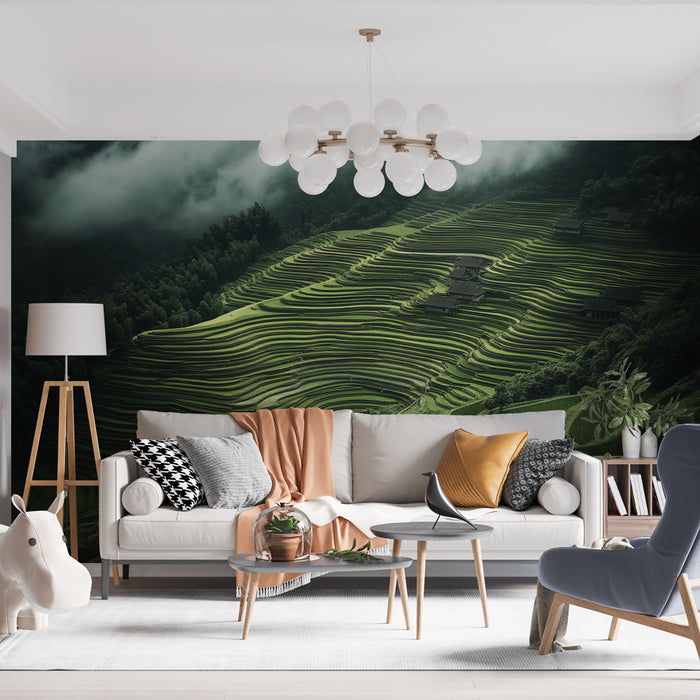Papier peint paysage de rizières en terrasses sous un ciel brumeux pour salon moderne