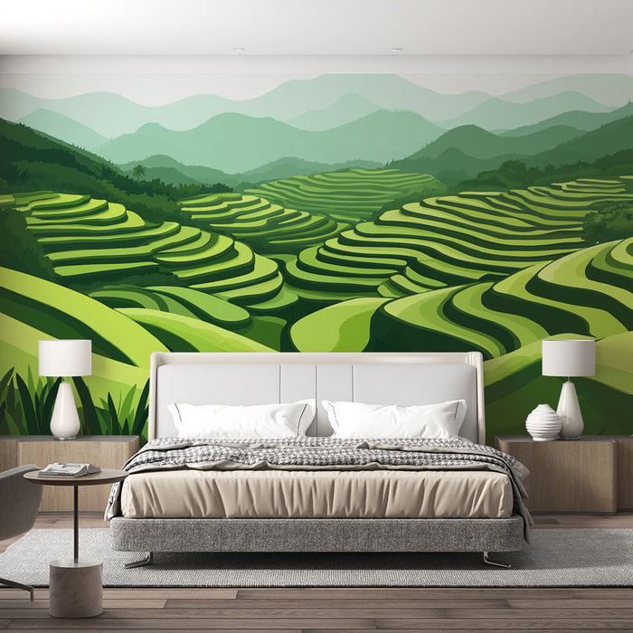 Papier peint paysage de rizières avec vastes étendues de terrasses verdoyantes pour chambre moderne.