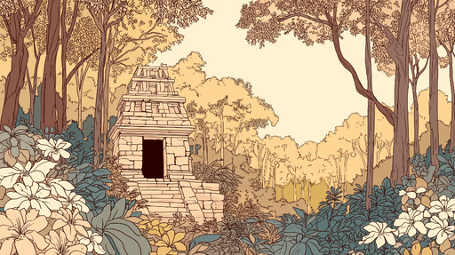 Papier peint paysage de ruines Temple ancien entouré de verdure tropicale