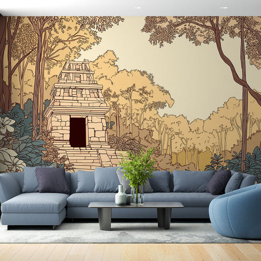 Un salon contemporain avec un papier peint illustrant un ancien temple maya entouré de végétation luxuriante, créant une atmosphère apaisante et mystérieuse.