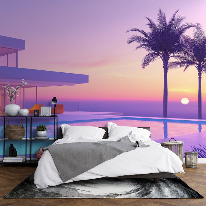 Une chambre moderne avec un papier peint représentant un coucher de soleil pastel sur une piscine, évoquant une atmosphère relaxante et estivale.