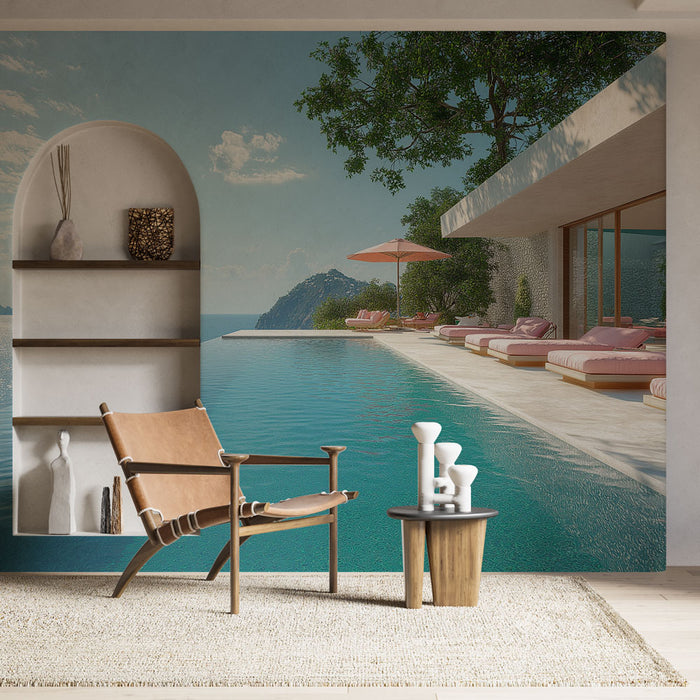 Une pièce moderne avec un papier peint représentant une vue apaisante sur une piscine à débordement, entourée de montagnes et de parasols, créant une atmosphère relaxante et estivale.