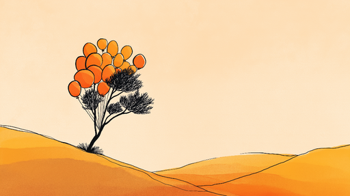 Papier peint paysage désertique Arbre stylisé avec des ballons orange et ondulations de sable