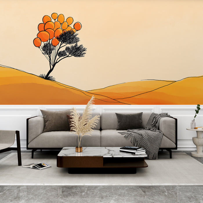 Un salon moderne avec un papier peint représentant un paysage stylisé aux teintes orangées et dorées, évoquant une ambiance chaleureuse et apaisante.