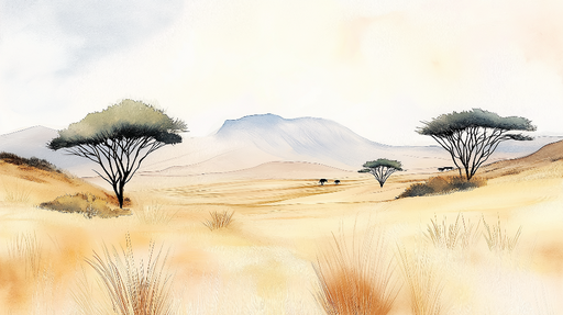 Papier peint paysage désertique Arbres et Montagnes en Aquarelle