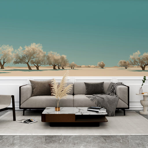 Un salon moderne avec un papier peint représentant un paysage minimaliste aux teintes douces, évoquant une ambiance sereine et apaisante.