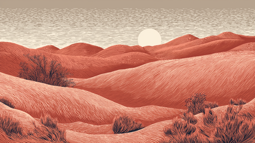 Papier peint paysage désertique Collines ondulantes en nuances de terre et soleil levant