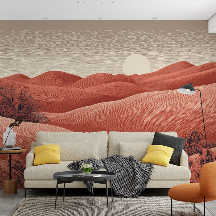Un salon moderne avec un papier peint représentant des collines ondulantes dans des teintes rouges et beiges, évoquant une atmosphère chaleureuse et apaisante.