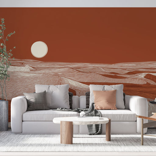 Un salon moderne avec un papier peint terracotta représentant des ondulations stylisées en blanc, créant une ambiance chaleureuse et apaisante.