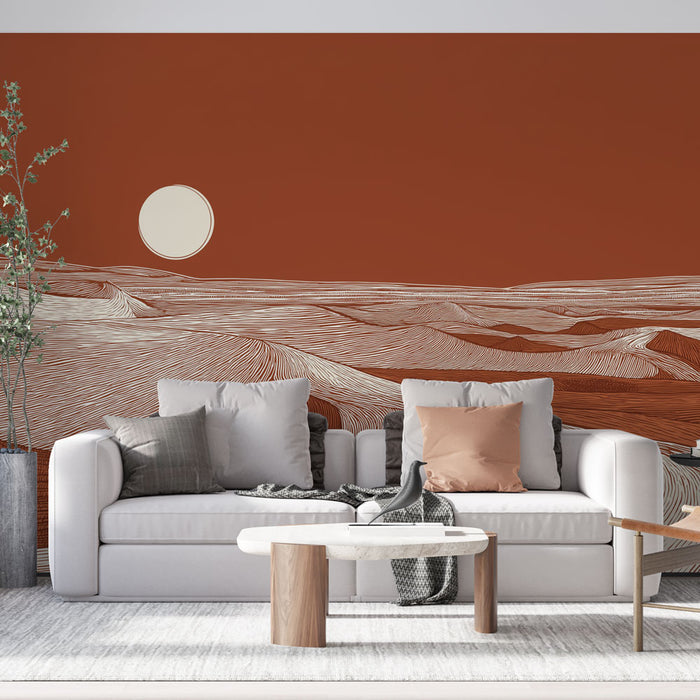 Un salon moderne avec un papier peint terracotta représentant des ondulations stylisées en blanc, créant une ambiance chaleureuse et apaisante.