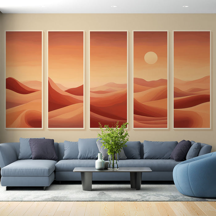Un salon moderne avec un papier peint représentant des dunes en dégradés de rouge et orange, évoquant une ambiance chaleureuse et apaisante.