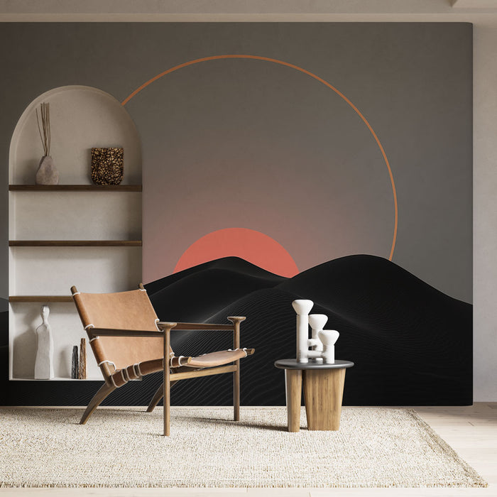 Une pièce moderne avec un papier peint abstrait représentant des dunes noires sous un soleil couchant orangé, créant une atmosphère apaisante et contemporaine.