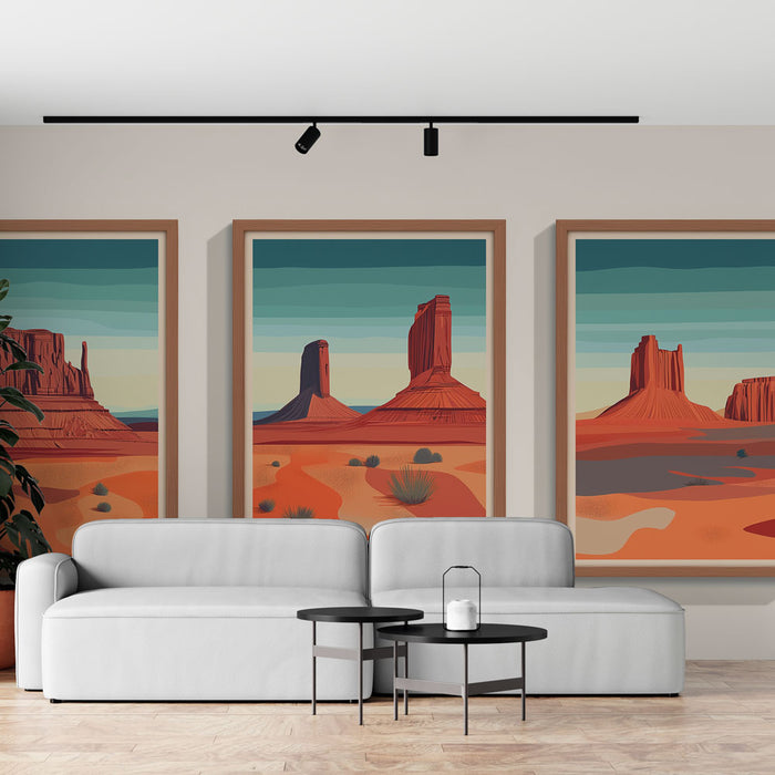 Un salon moderne avec un papier peint illustrant des paysages désertiques aux teintes ocres et bleutées, créant une atmosphère chaleureuse et apaisante.