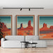 Un salon moderne avec un papier peint illustrant des paysages désertiques aux teintes ocres et bleutées, créant une atmosphère chaleureuse et apaisante.