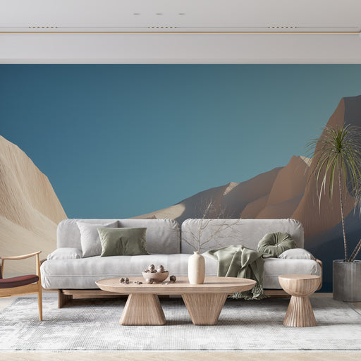 Un salon moderne avec un papier peint représentant des montagnes stylisées aux teintes douces de beige et bleu, créant une ambiance apaisante et naturelle.
