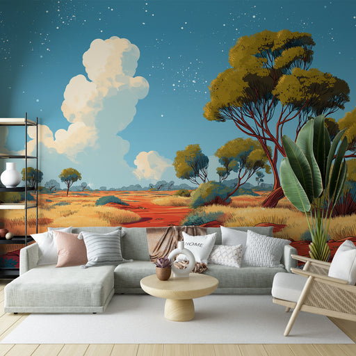 Un salon moderne avec un papier peint représentant un paysage australien coloré, mêlant des teintes de bleu, orange et vert, créant une atmosphère apaisante et naturelle.