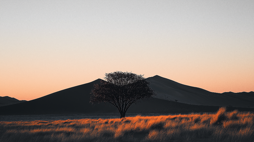 Papier peint paysage désertique Silhouettes d'un arbre et dunes au coucher de soleil