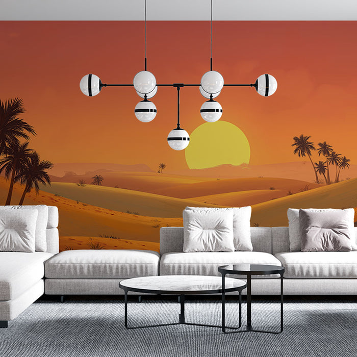 Un salon contemporain avec un papier peint représentant un paysage désertique aux teintes chaudes d'orange et de jaune, évoquant une ambiance sereine et ensoleillée.