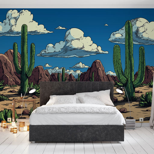 Papier peint paysage désertique avec cactus et montagnes rouges pour chambre moderne.