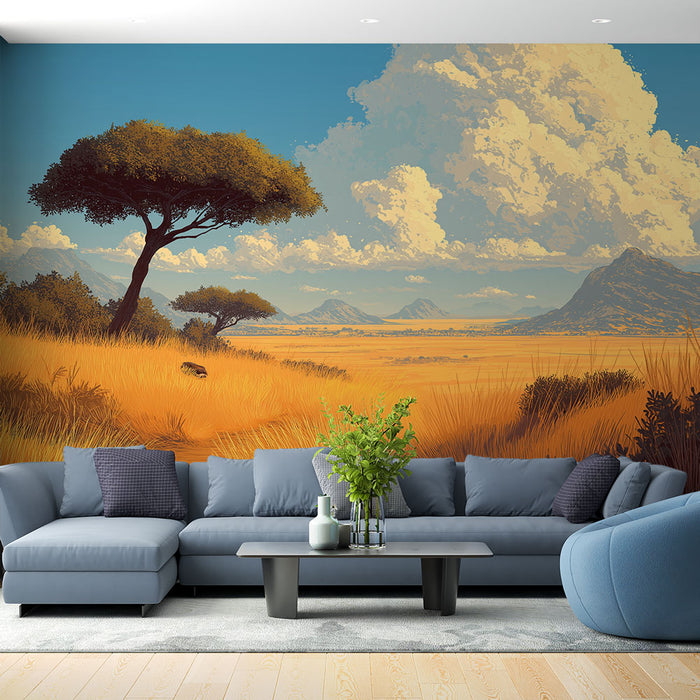 Un salon moderne avec un papier peint représentant un paysage africain doré et bleu, évoquant une atmosphère sereine et naturelle.
