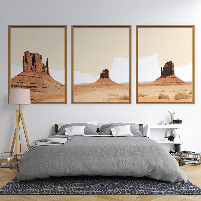 Une chambre moderne avec un papier peint représentant des paysages désertiques stylisés, aux teintes chaudes et apaisantes qui évoquent une atmosphère sereine et minimaliste.