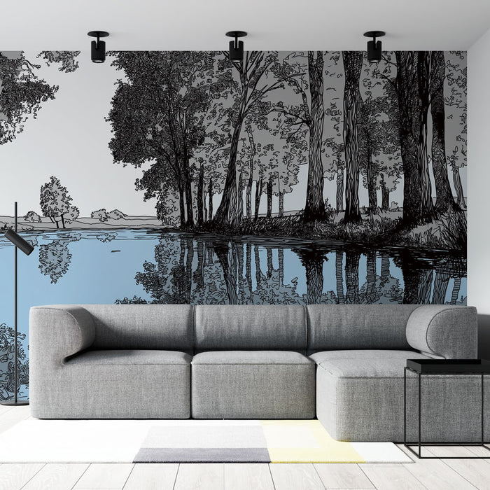Un salon moderne avec un papier peint représentant un paysage aquatique en noir et blanc, évoquant une ambiance sereine et contemplative.