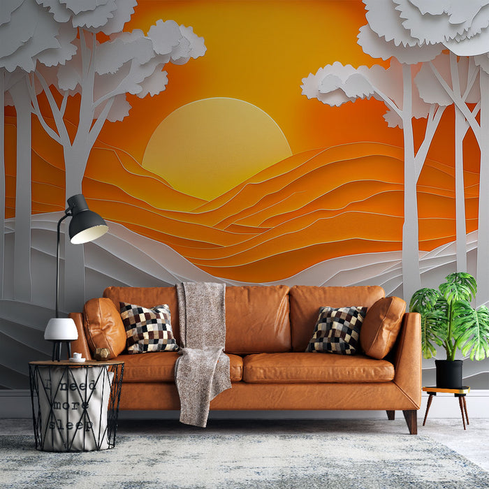 Papier peint paysage coucher de soleil avec arbres stylisés pour salon moderne