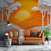 Papier peint paysage coucher de soleil avec arbres stylisés pour salon moderne