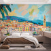Papier peint paysage ensoleillé avec village coloré au bord de la mer pour chambre moderne