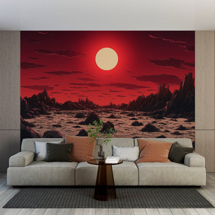 Papier peint paysage extraterrestre | Coucher de soleil rouge sur un monde désertique
