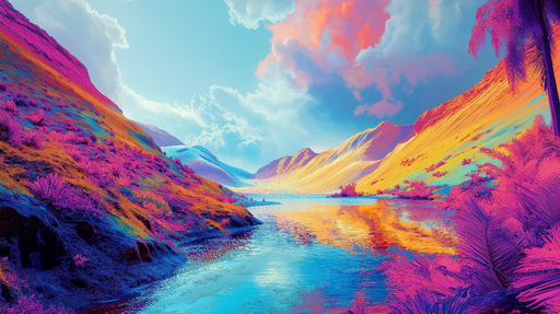 Papier peint paysage fantastique Montagnes colorées et eaux réfléchissantes