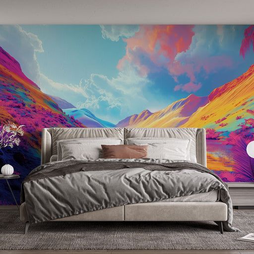 Une chambre moderne avec un papier peint vibrant représentant un paysage coloré aux montagnes stylisées et aux teintes éclatantes, créant une atmosphère dynamique et inspirante.