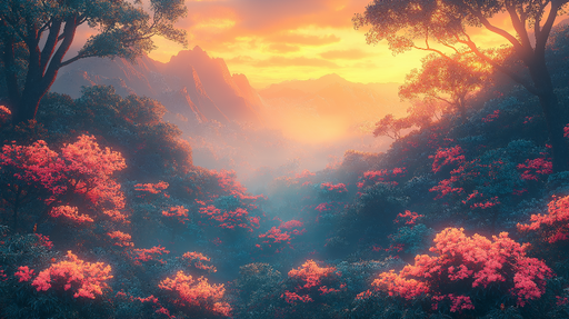 Papier peint paysage féerique Vallée enchantée aux fleurs printanières et brume mystique