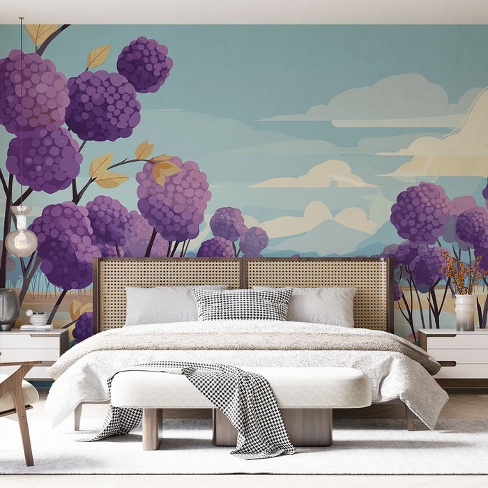 Une chambre moderne avec un papier peint illustrant des baies violettes sur fond bleu, créant une atmosphère apaisante et naturelle.