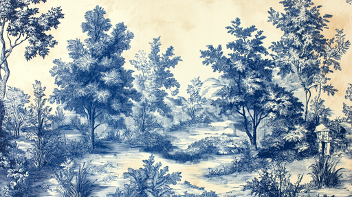 Papier peint paysage floral Bleu et Crème
