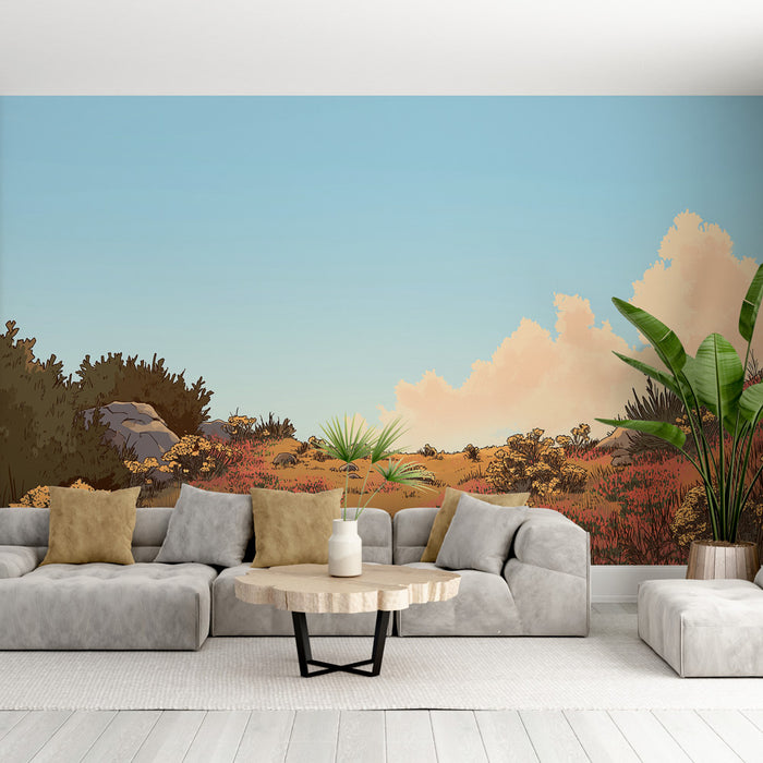 Un salon moderne avec un papier peint illustrant un paysage champêtre aux teintes chaudes et douces, créant une atmosphère apaisante et naturelle.