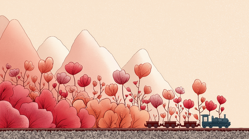 Papier peint paysage floral Train entouré de fleurs dans un paysage montagneux