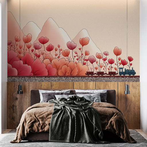 Une chambre moderne avec un papier peint illustrant des montagnes roses et des fleurs délicates, créant une ambiance douce et poétique.