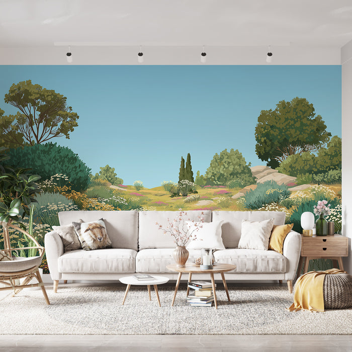 Un salon lumineux avec un papier peint représentant un paysage floral coloré, mêlant des arbres verdoyants et des fleurs sauvages, créant une atmosphère apaisante et naturelle.