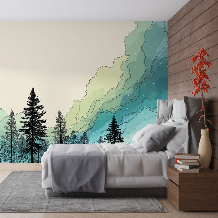Une chambre moderne avec un papier peint représentant des montagnes stylisées en dégradé de vert et bleu, créant une atmosphère apaisante et naturelle.
