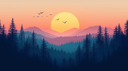 Papier peint paysage forestier Crépuscule paisible avec montagnes et arbres