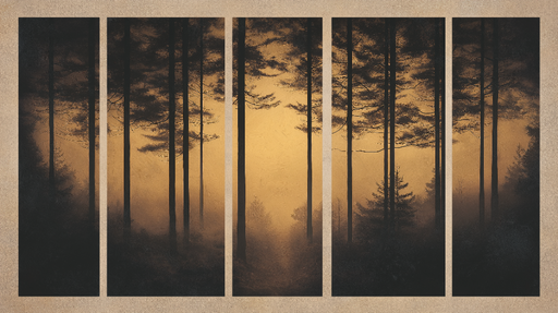 Papier peint paysage forestier Forêt brumeuse au crépuscule doré